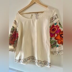 Anthropologie-Da-Nang Cream Silk Blouse with Colorful Floral Embroidered Sleeves